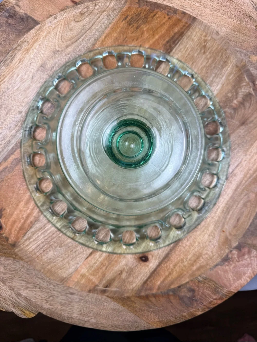 Vintage Green Glass Pedestal Console Bowl Open Lace Rim Cottagecore Decor